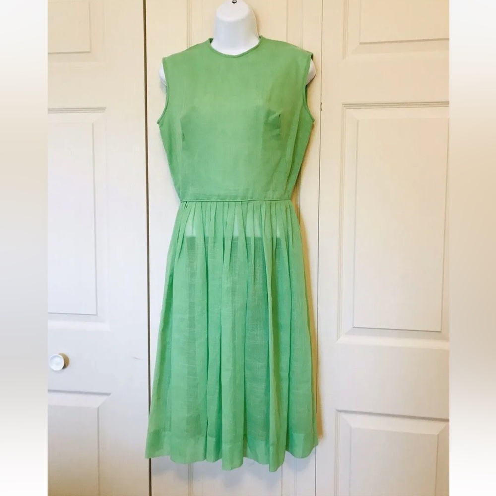Vintage 50s 60s Fit and Flare Dress Lime Green Dacron Polyester Cotton Small 4/6